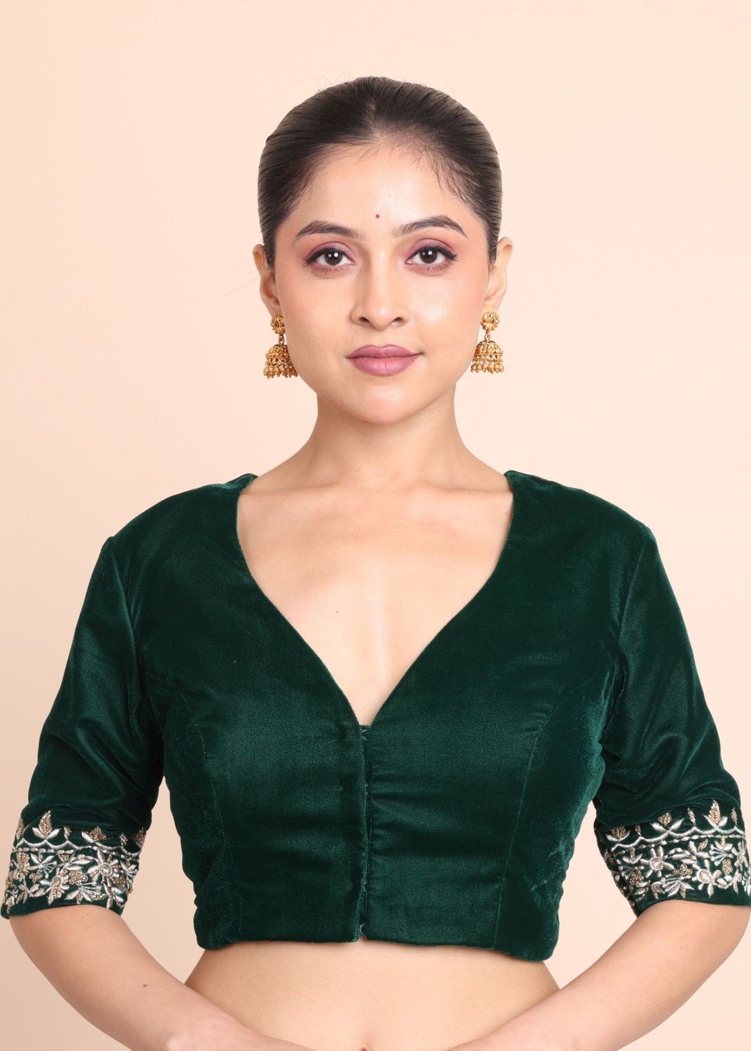 Bottle Green Velvet V Neck Blouse with Floral Embroidered Work - Anvi Couture
