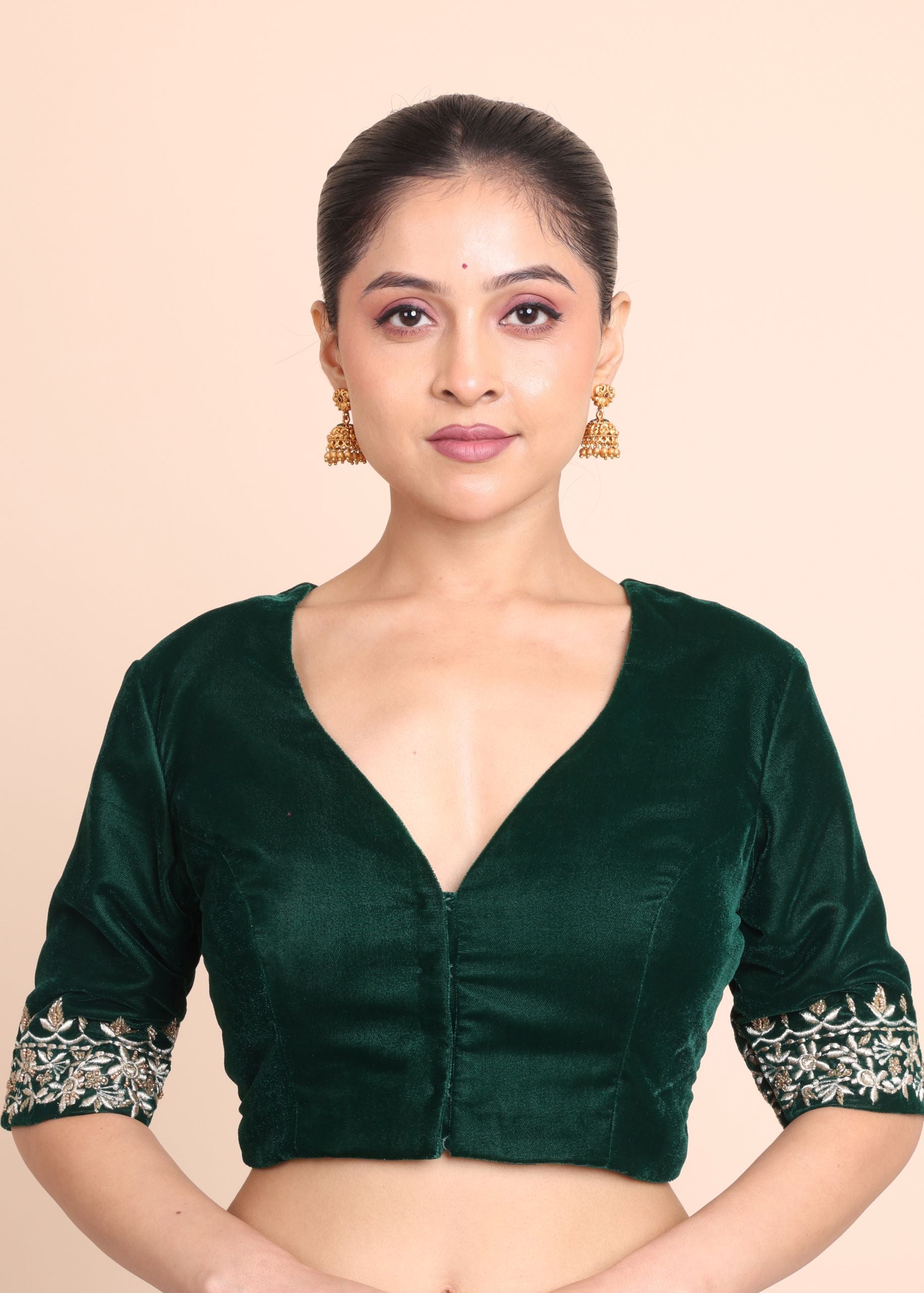 Bottle Green Velvet V Neck Blouse with Floral Embroidered Work full