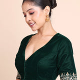 Bottle Green Velvet V Neck Blouse with Floral Embroidered Work front