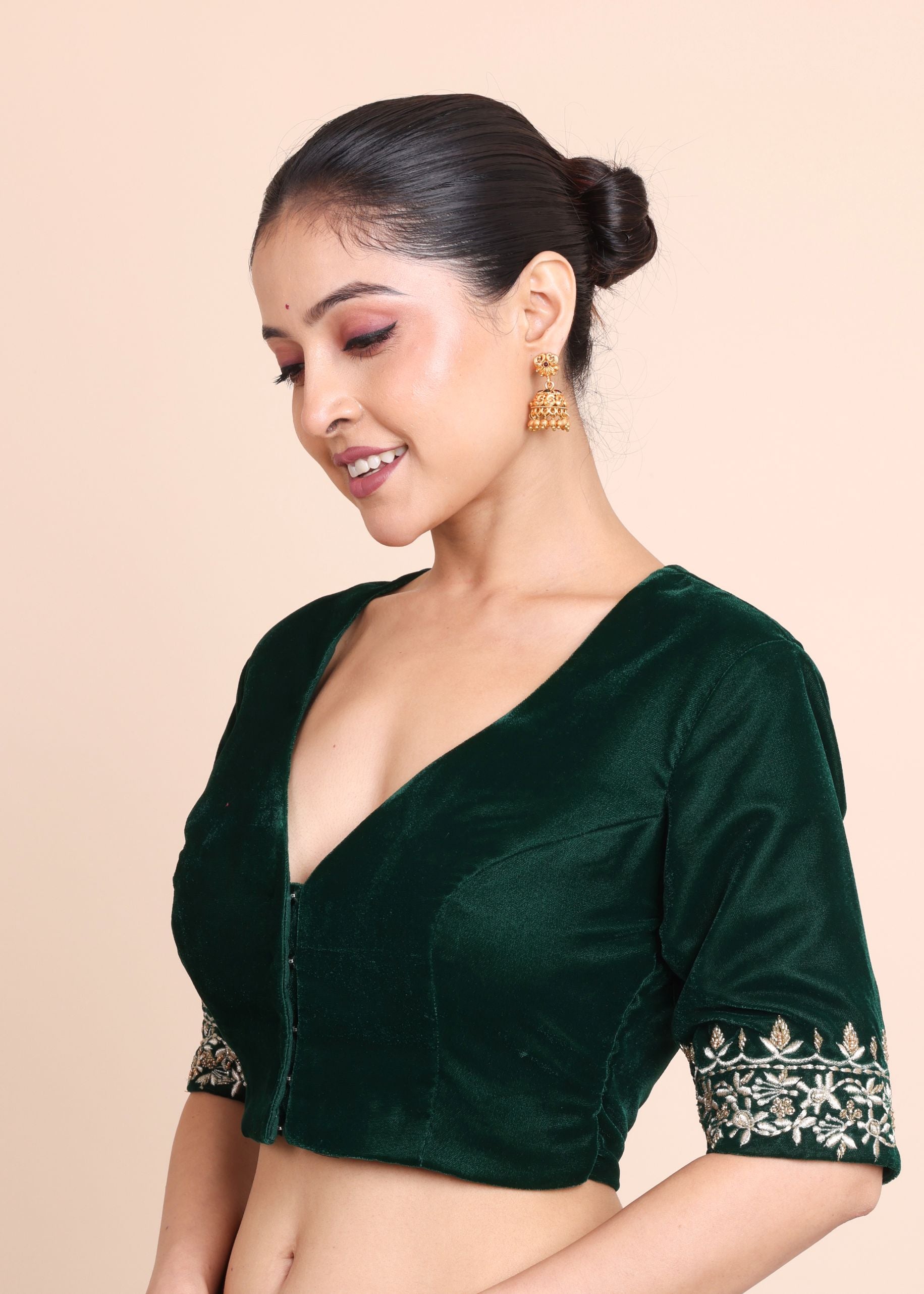 Bottle Green Velvet V Neck Blouse with Floral Embroidered Work front