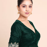 Bottle Green Velvet V Neck Blouse with Floral Embroidered Work side