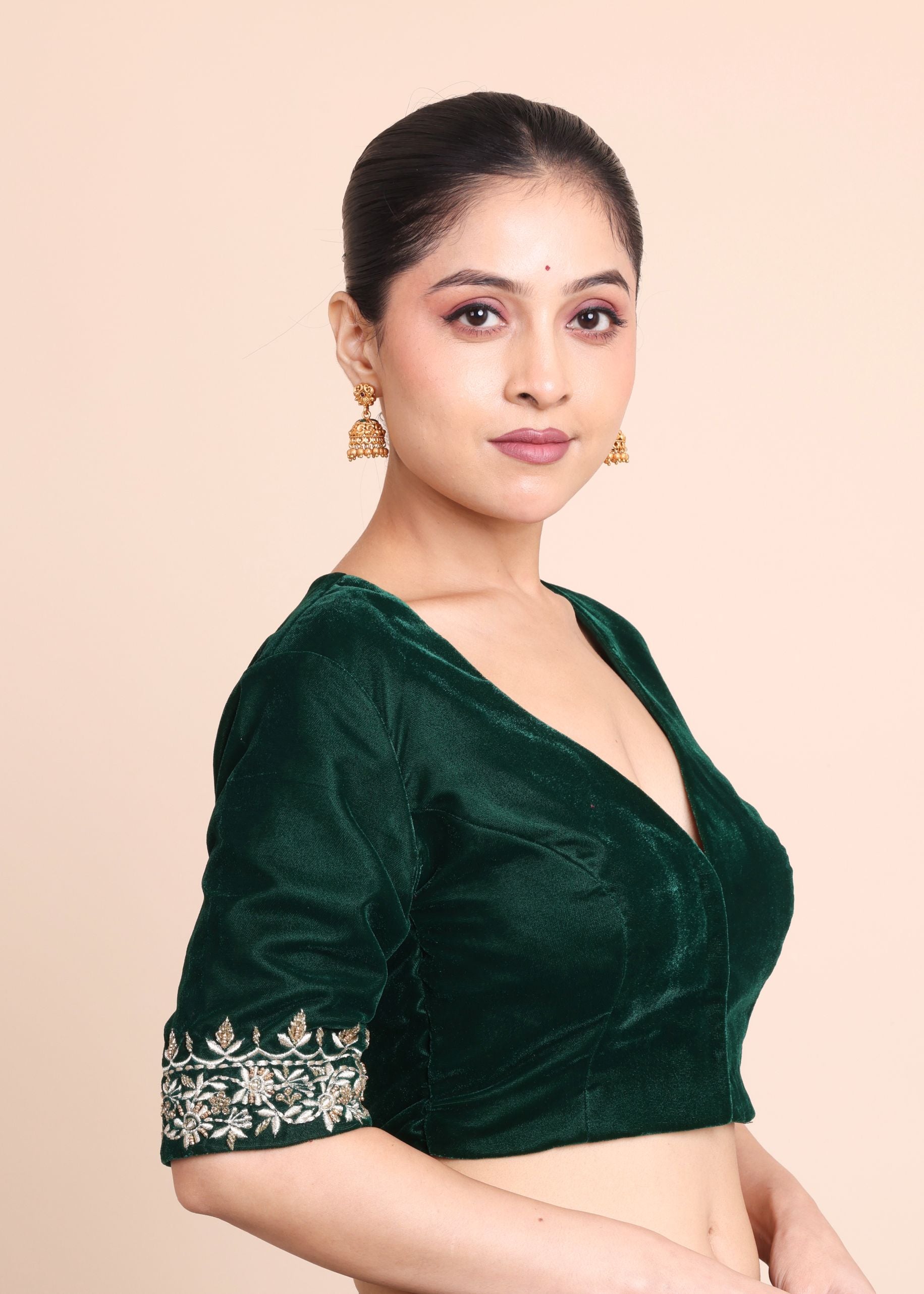 Bottle Green Velvet V Neck Blouse with Floral Embroidered Work side