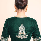 Bottle Green Velvet V Neck Blouse with Floral Embroidered Work back