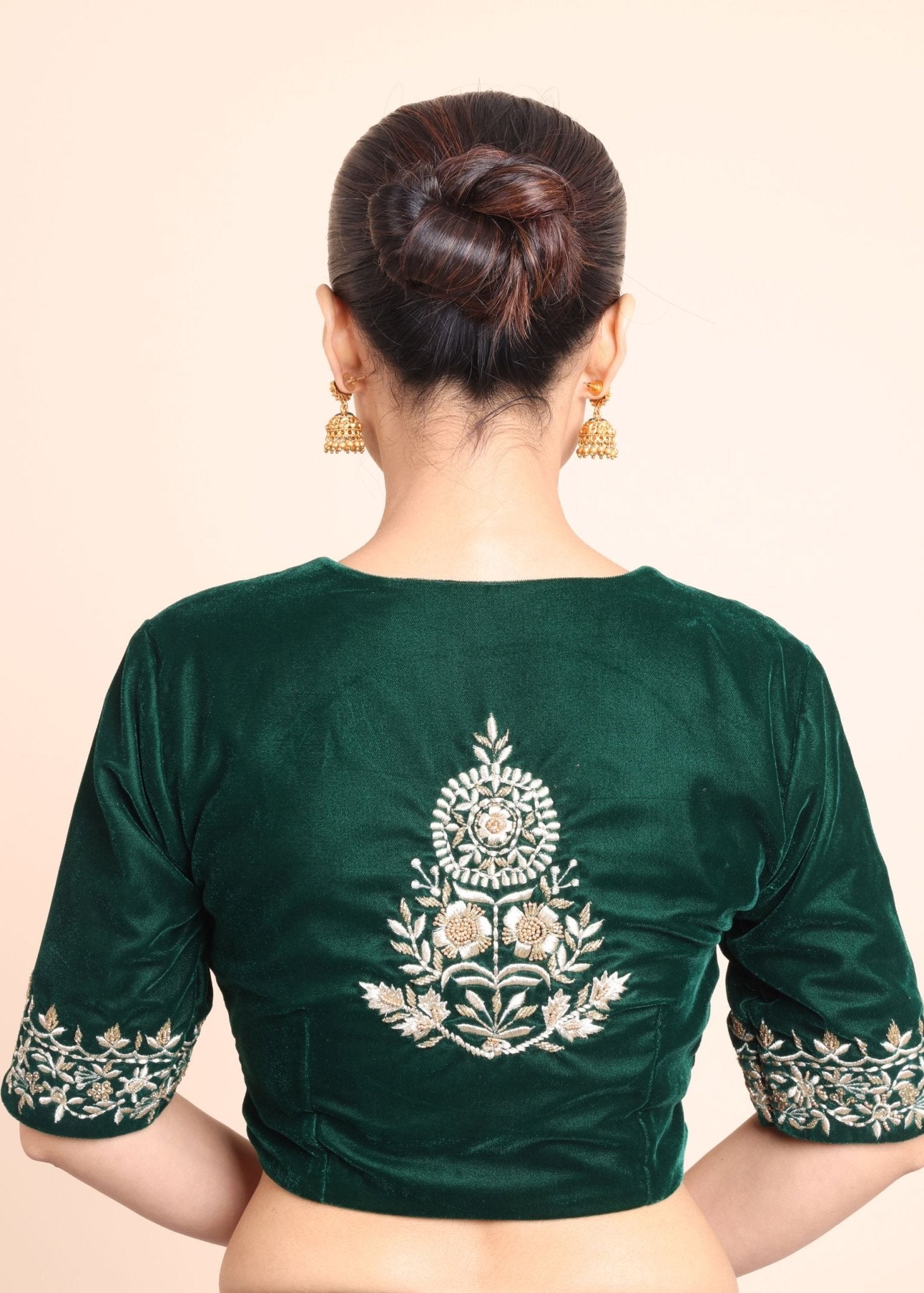 Bottle Green Velvet V Neck Blouse with Floral Embroidered Work - Anvi Couture