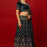 Luxurious Blue Velvet Zardozi Lehenga for Traditional Indian Brides