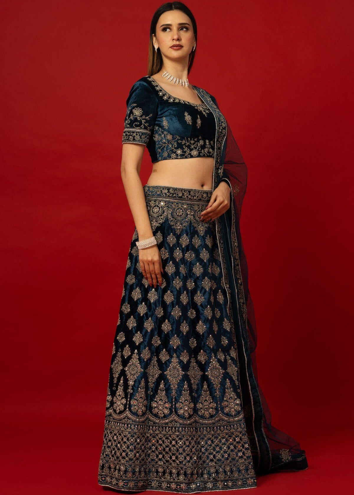 Luxurious Blue Velvet Zardozi Lehenga for Traditional Indian Brides