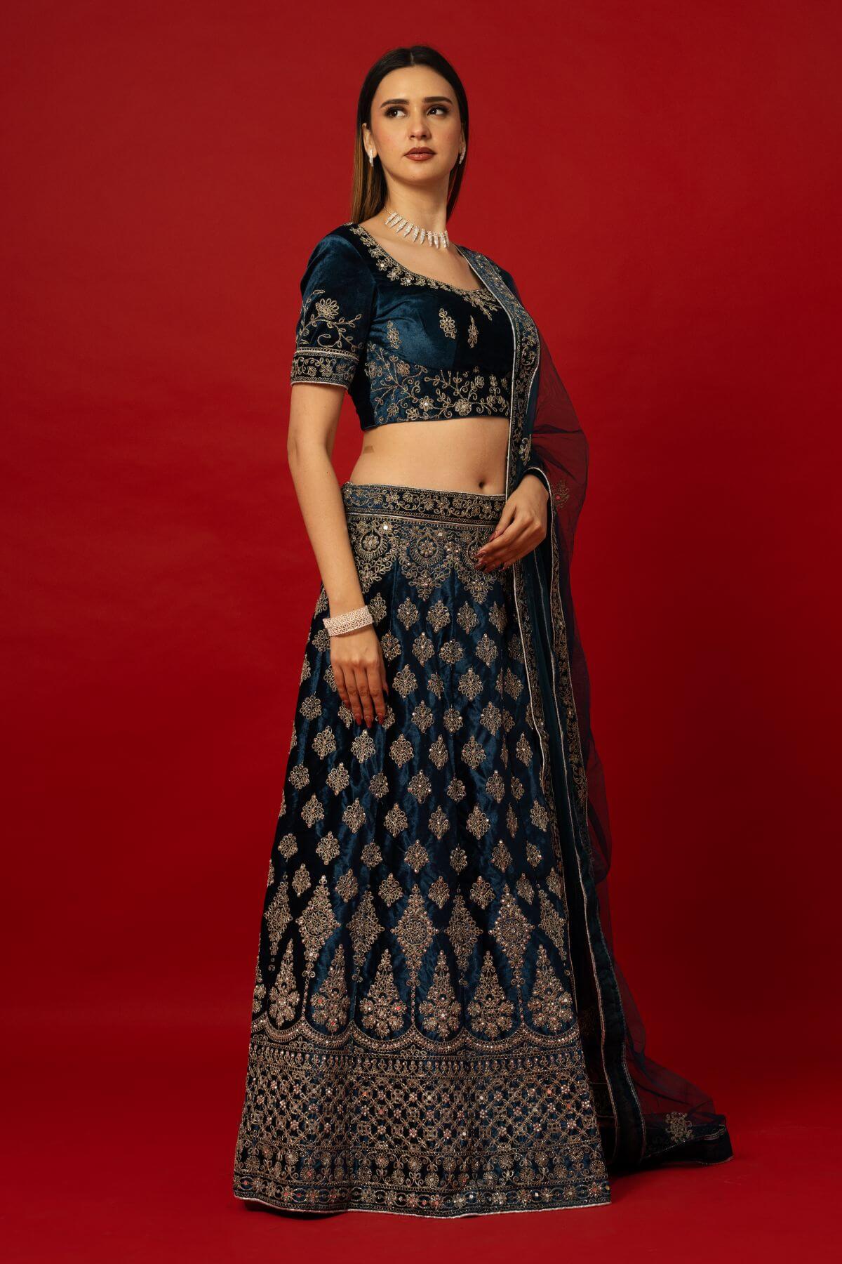 Luxurious Blue Velvet Zardozi Lehenga for Traditional Indian Brides