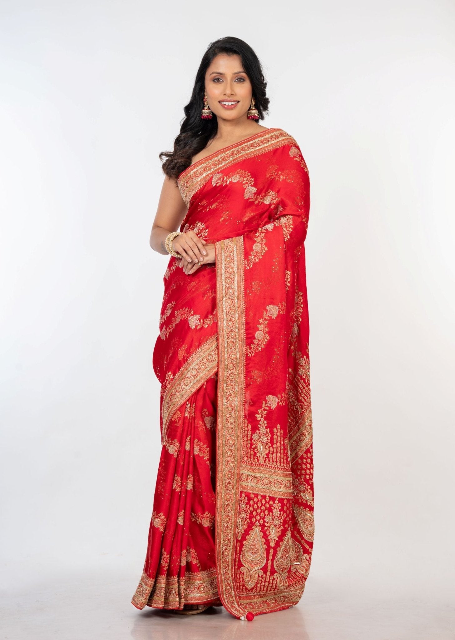 Bridal Red Mashru Silk Banarasi Saree with Embroidered border - Anvi Couture