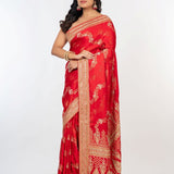 Bridal Red Mashru Silk Banarasi Saree with Embroidered border - Anvi Couture