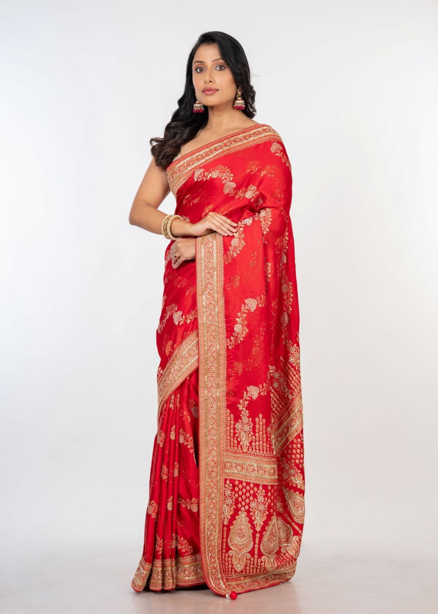 Bridal Red Mashru Silk Banarasi Saree with Embroidered border - Anvi Couture