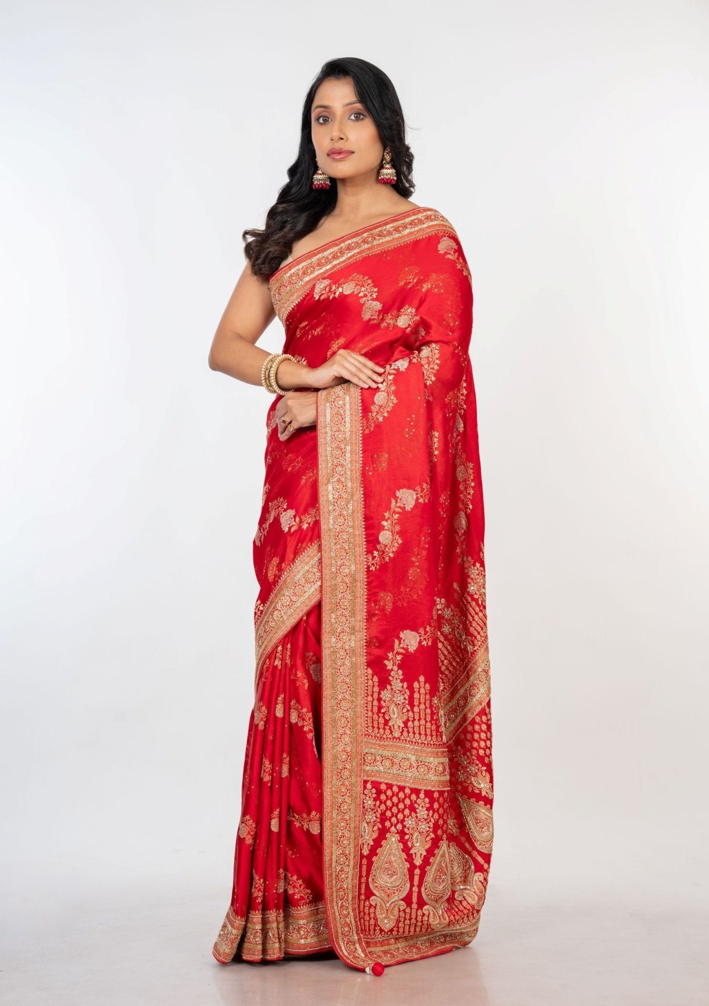 Bridal Red Mashru Silk Banarasi Saree with Embroidered border - Anvi Couture