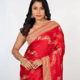Bridal Red Mashru Silk Banarasi Saree with Embroidered border - Anvi Couture