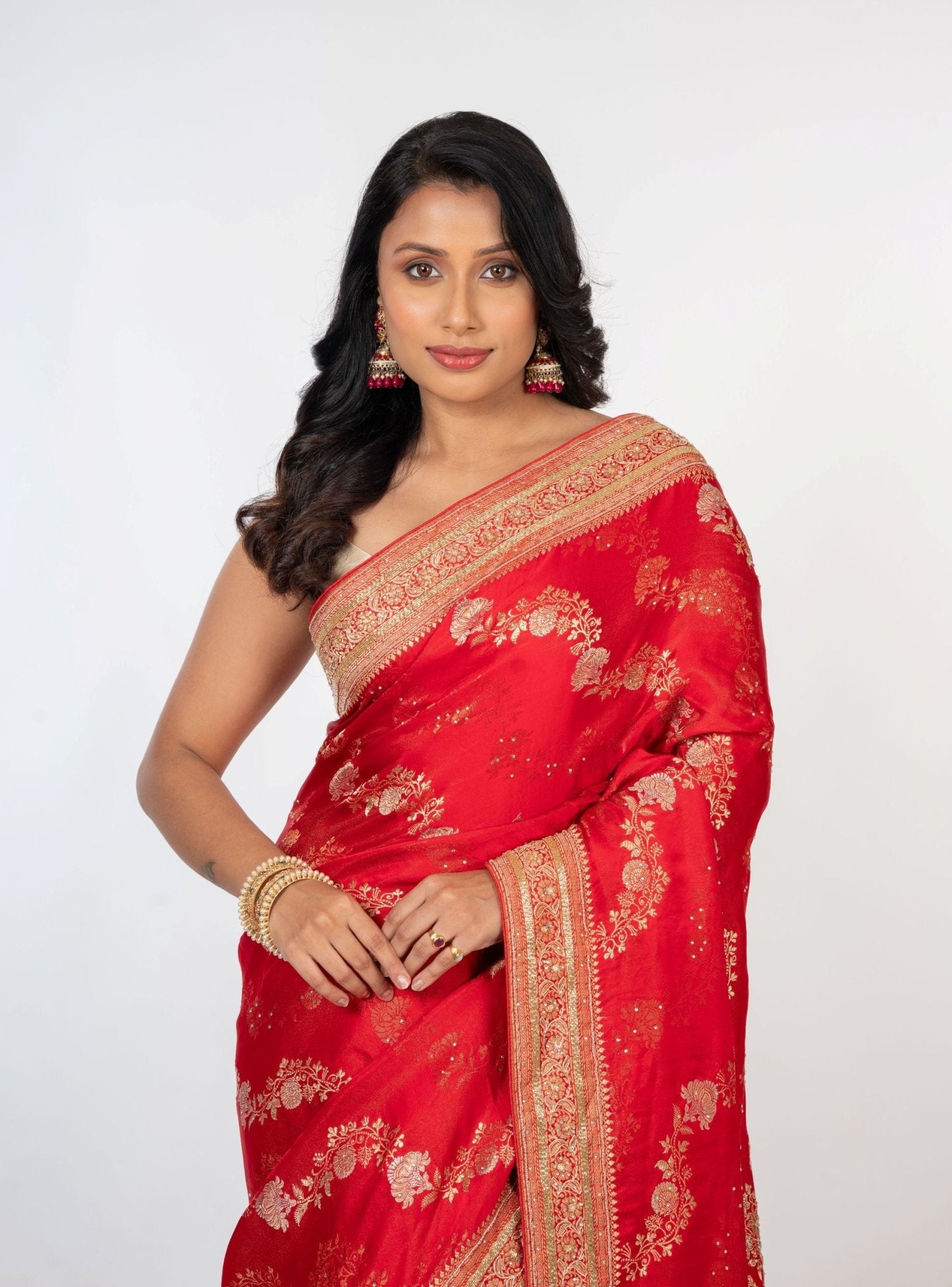 Bridal Red Mashru Silk Banarasi Saree with Embroidered border - Anvi Couture