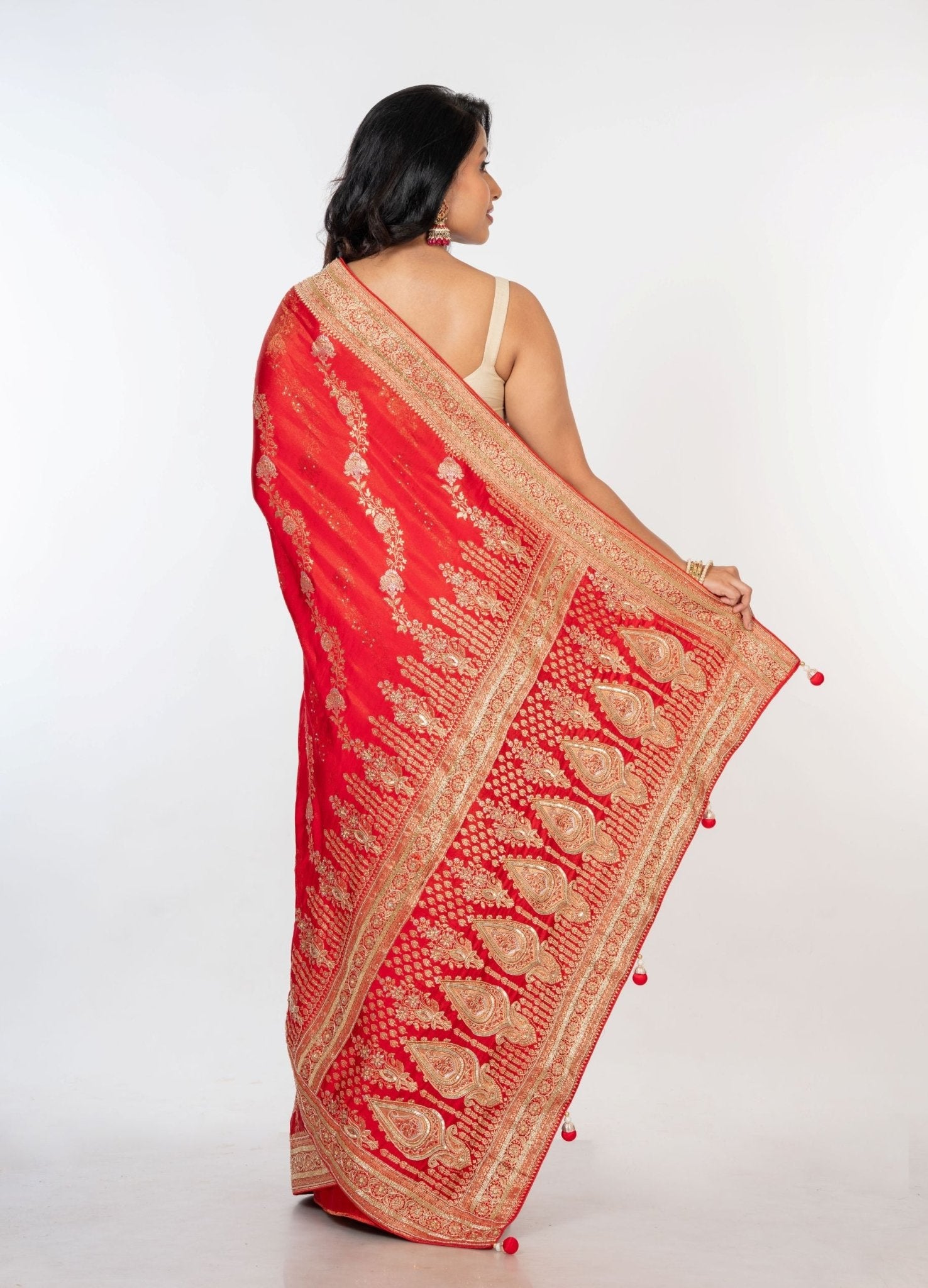 Bridal Red Mashru Silk Banarasi Saree with Embroidered border - Anvi Couture