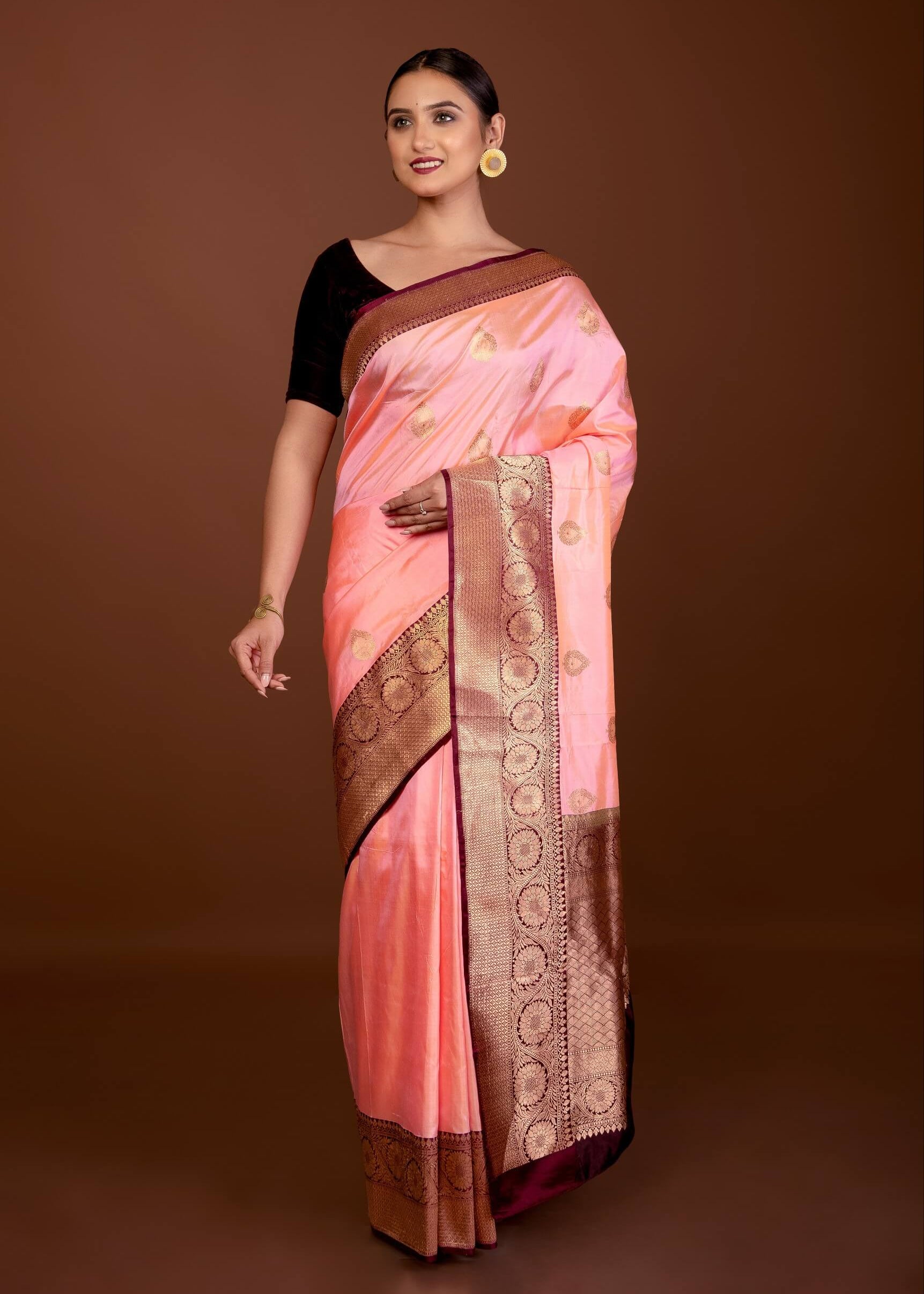 Bright Pink Katan Silk Saree with Contrasting Matt Gold Zari Border - Anvi Couture
