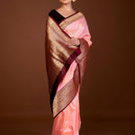 Bright Pink Katan Silk Saree with Contrasting Matt Gold Zari Border - Anvi Couture