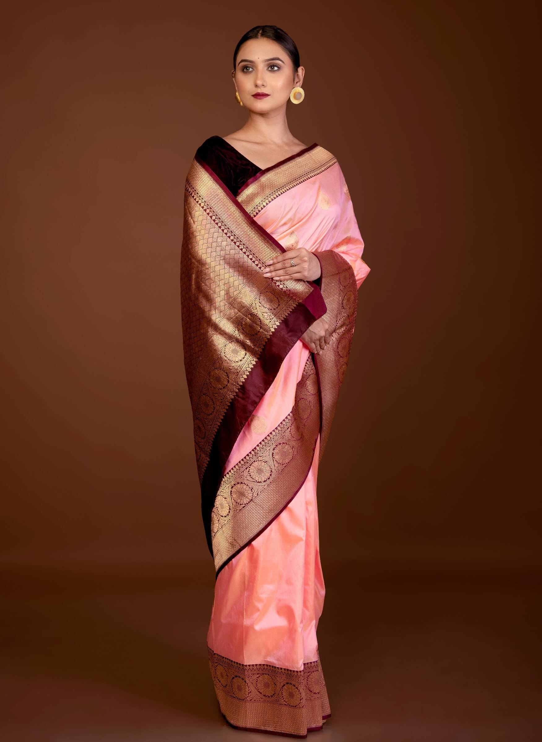 Bright Pink Katan Silk Saree with Contrasting Matt Gold Zari Border - Anvi Couture