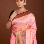 Bright Pink Katan Silk Saree with Gold Zari Border – Anvi Couture