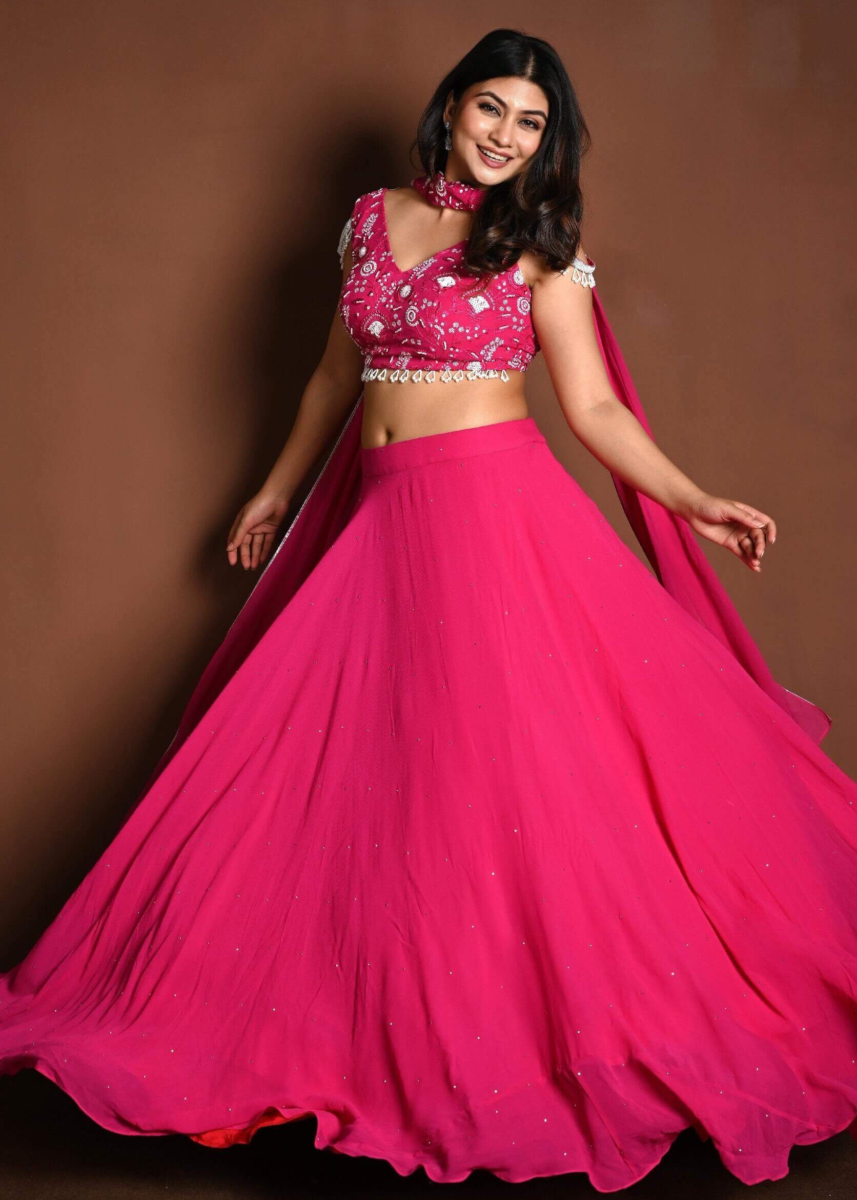 Bright Pink Lehenga Skirt and Embroidered Blouse Set with Dupatta - Anvi Couture