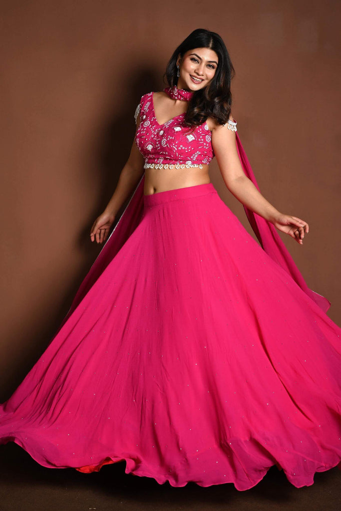 Bright Pink Lehenga Skirt and Embroidered Blouse Set with Dupatta
