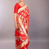 Bright Red Paithani Silk Saree – Gold Zari Peacock Motif Close-Up – Anvi Couture