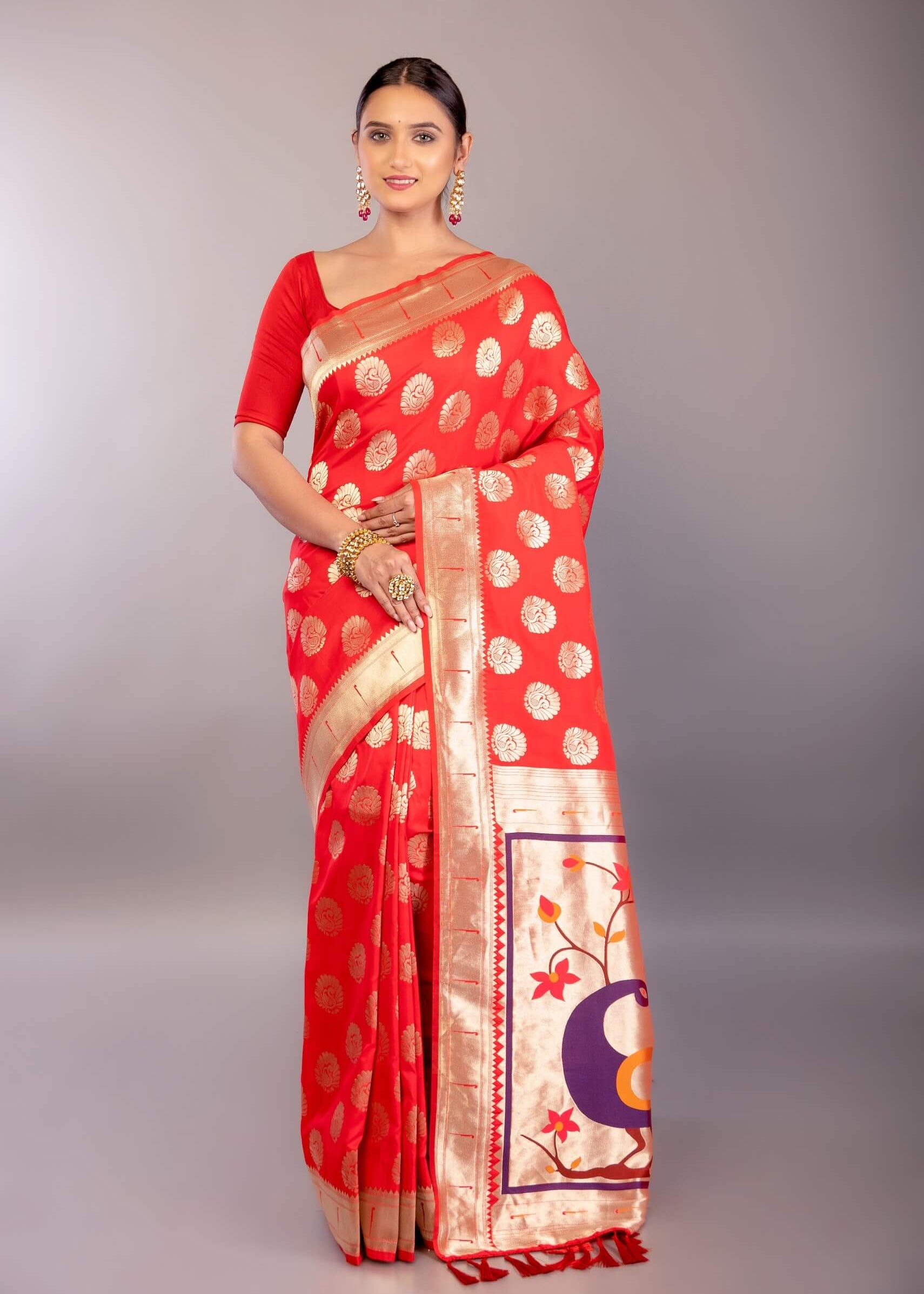 Bright Red Paithani Silk Saree with Gold Zari Work and Peacock Motif - Anvi Couture