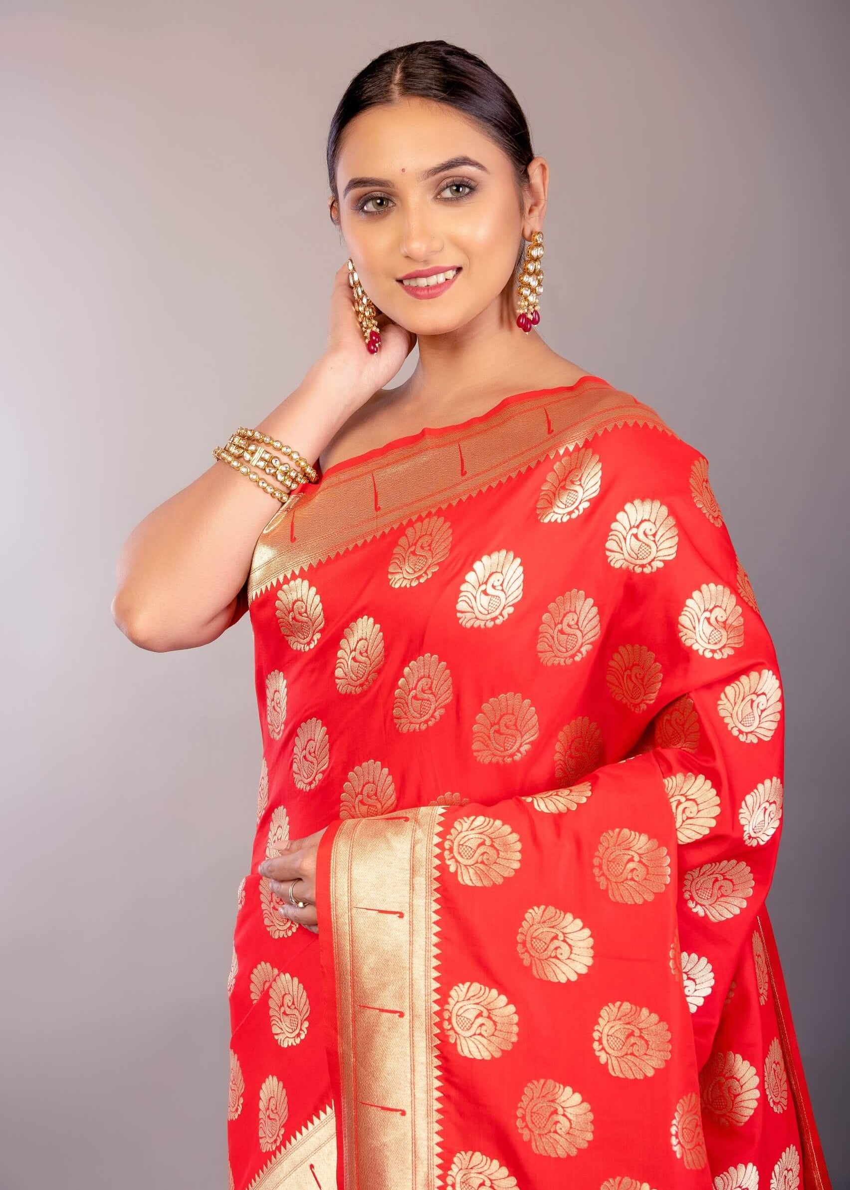 Bright Red Paithani Silk Saree with Gold Zari Work and Peacock Motif - Anvi Couture
