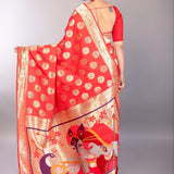 Bright Red Paithani Silk Saree with Gold Zari Work and Peacock Motif - Anvi Couture