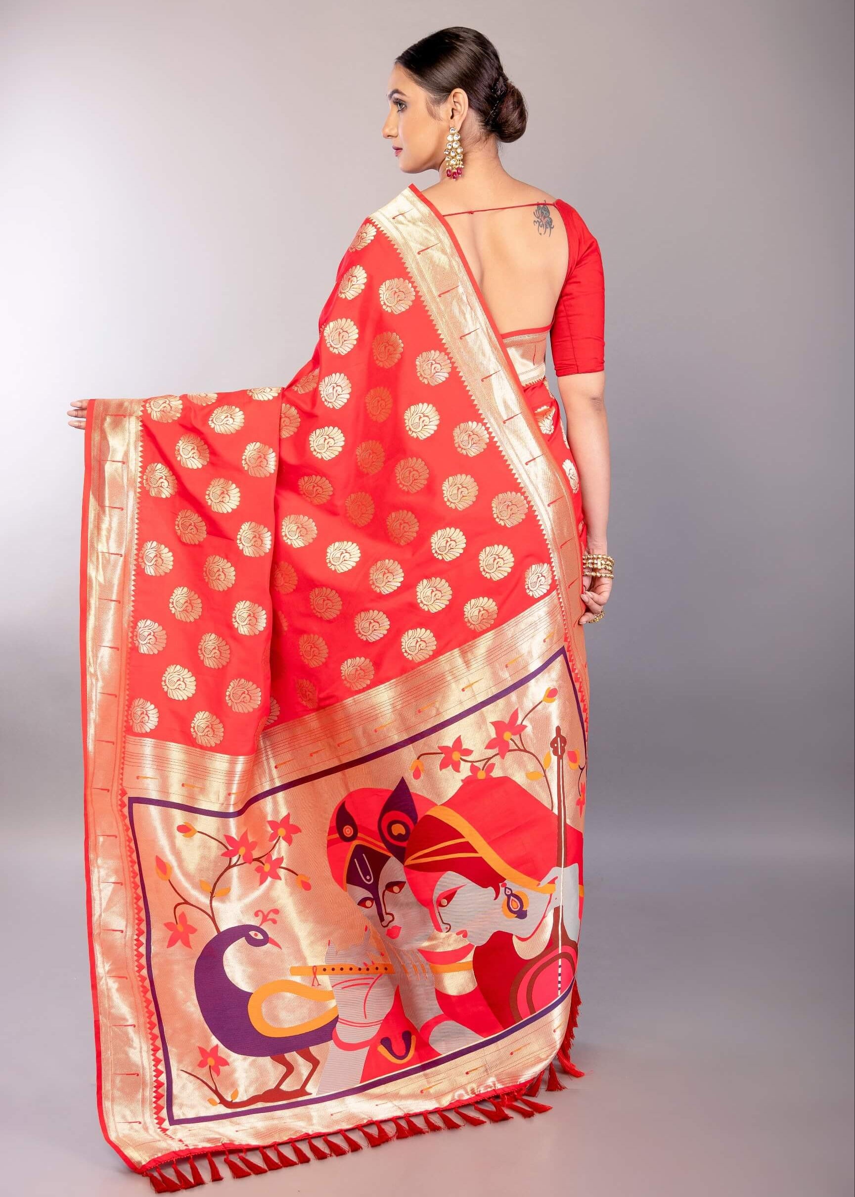 Bright Red Paithani Silk Saree with Gold Zari Work and Peacock Motif - Anvi Couture