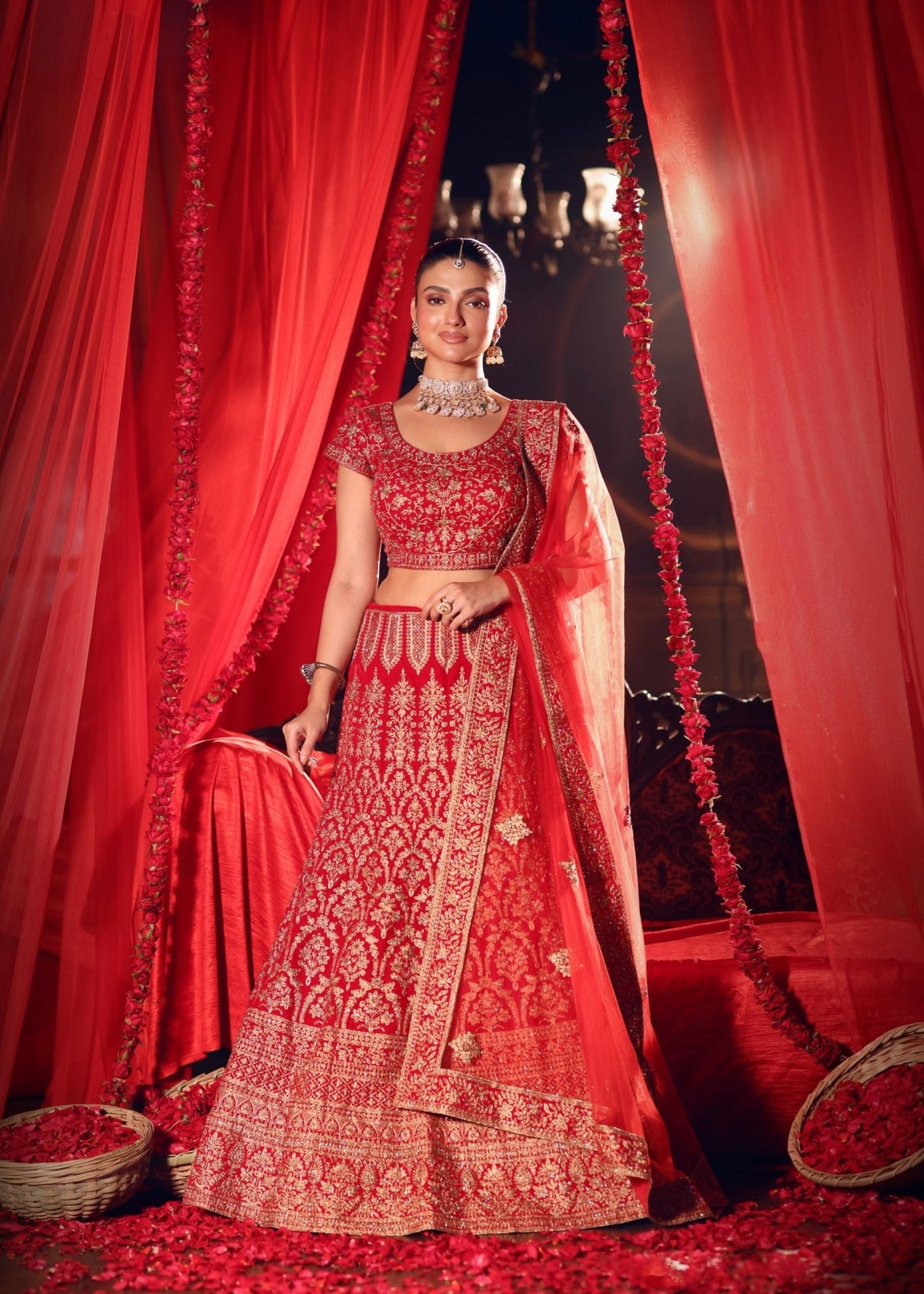 Bright Red Wedding Lehenga with Heavy Embroidered Work - Anvi Couture