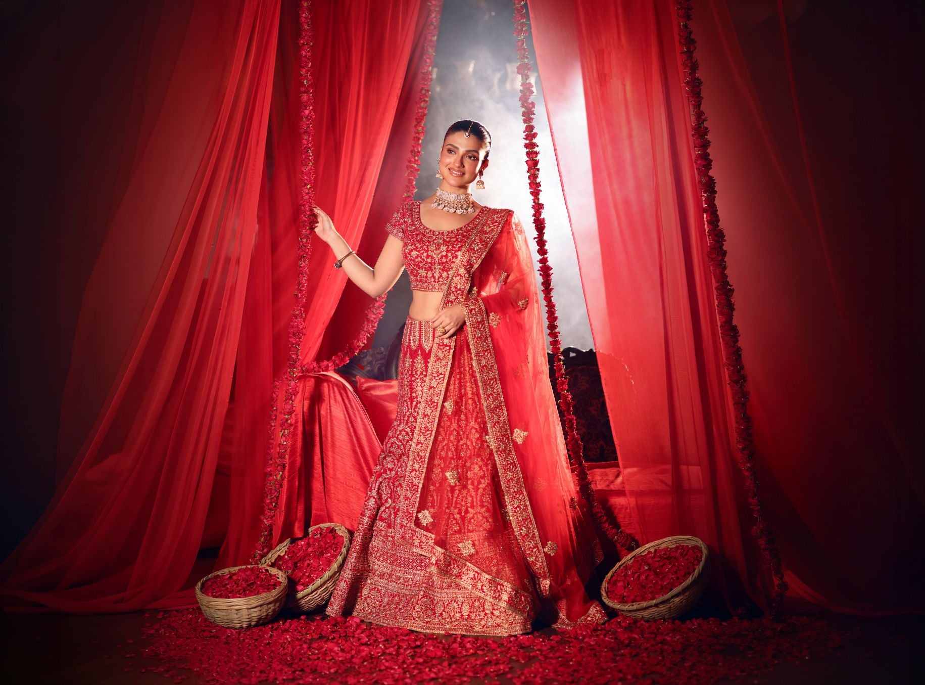Bright Red Wedding Lehenga with Heavy Embroidered Work front