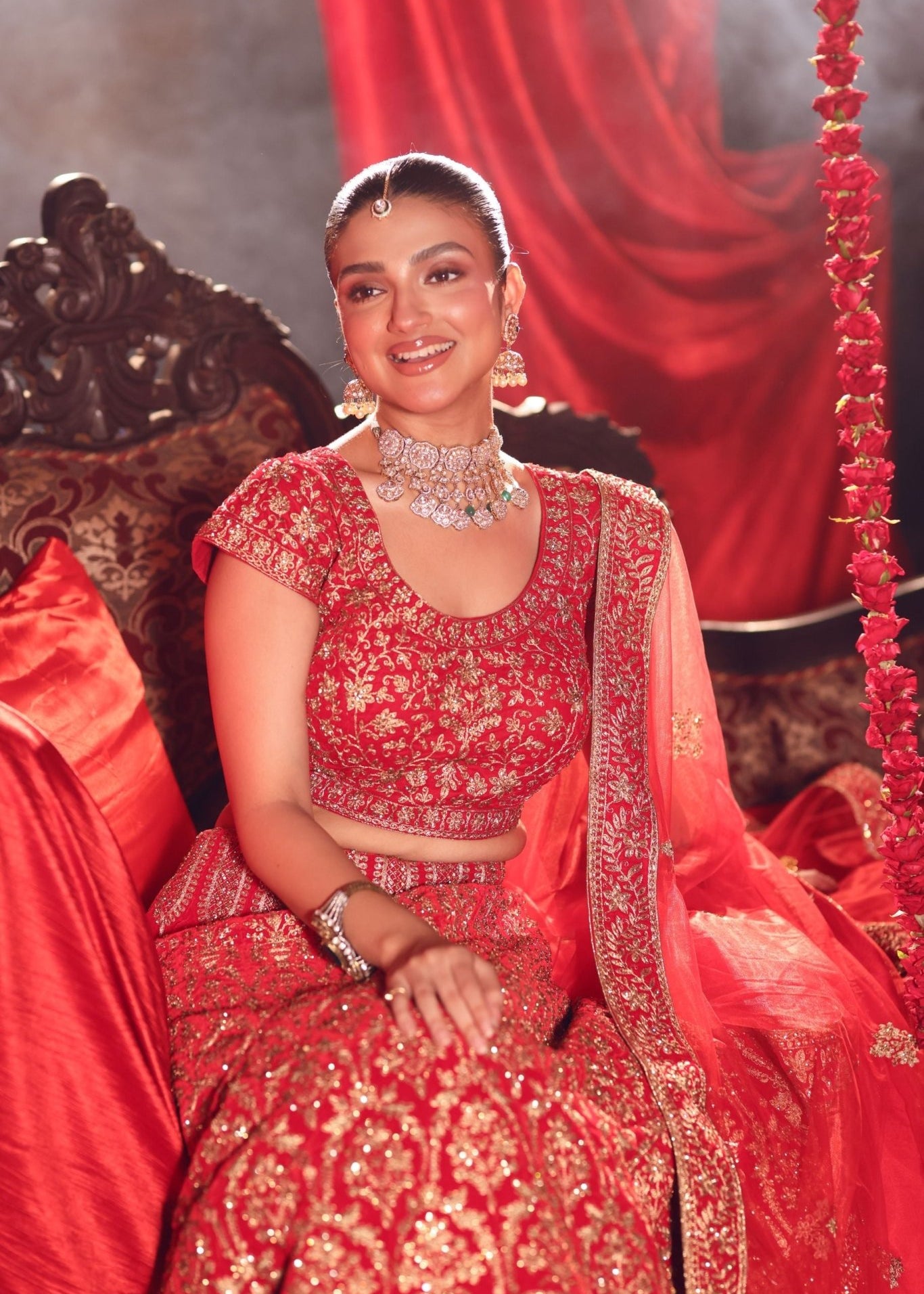 Bright Red Wedding Lehenga with Heavy Embroidered Work - Anvi Couture