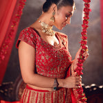Bright Red Wedding Lehenga with Heavy Embroidered Work close up