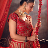 Bright Red Wedding Lehenga with Heavy Embroidered Work close up