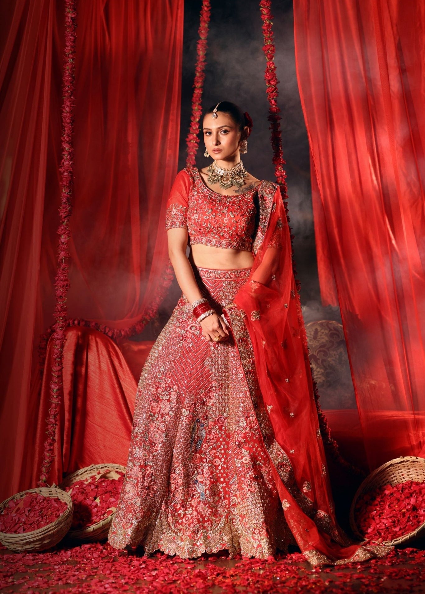 Bright Red Wedding Lehenga with Heavy Embroidered Work - Anvi Couture