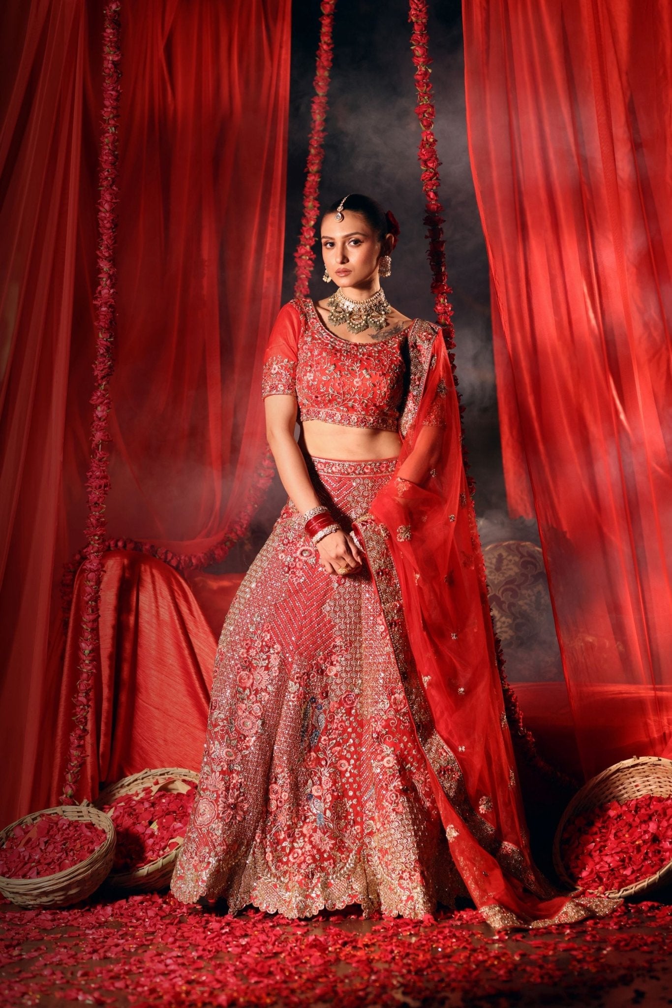 Bright Red Wedding Lehenga with Heavy Embroidered Work - Anvi Couture