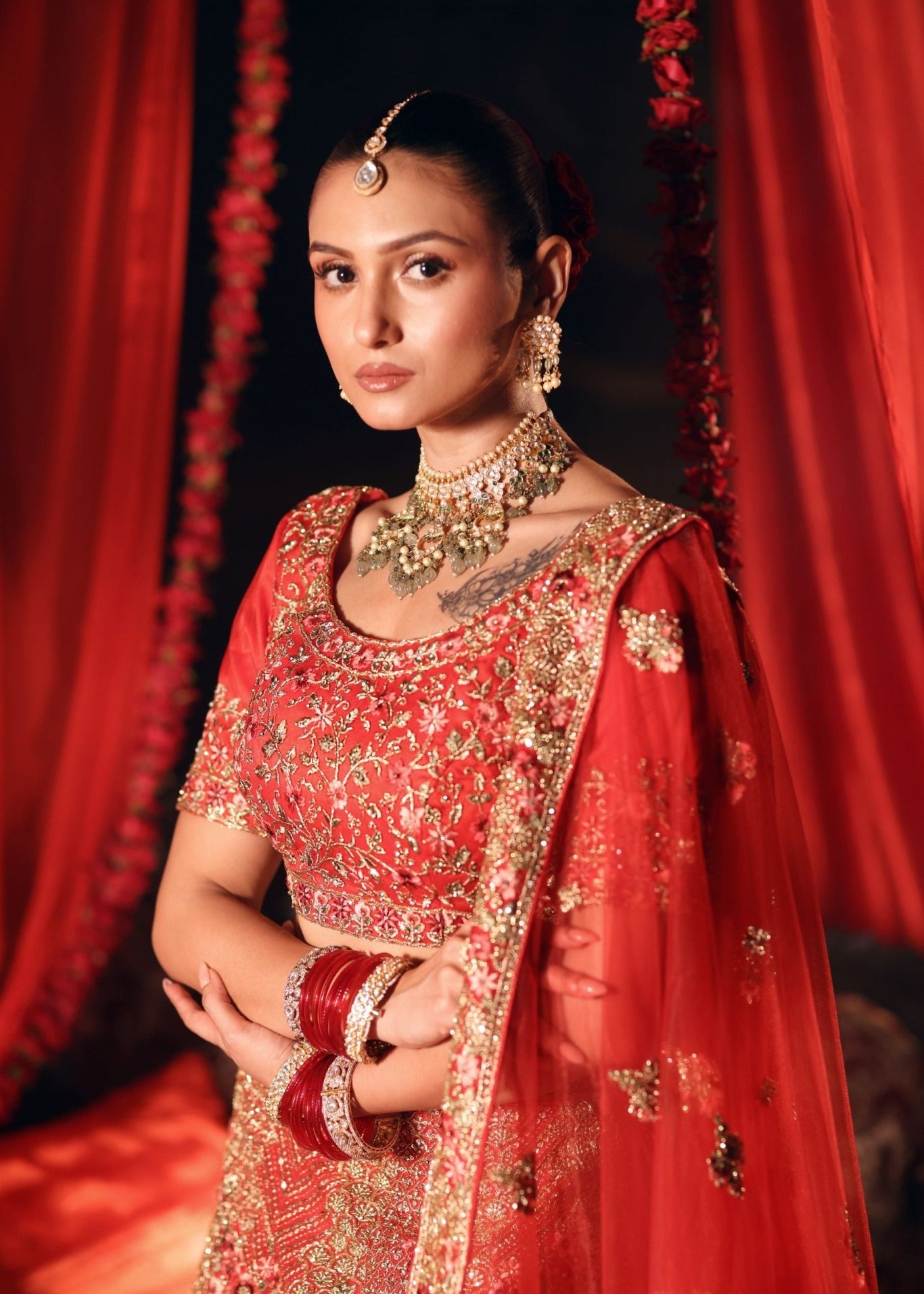 Bright Red Wedding Lehenga with Heavy Embroidered Work - Anvi Couture