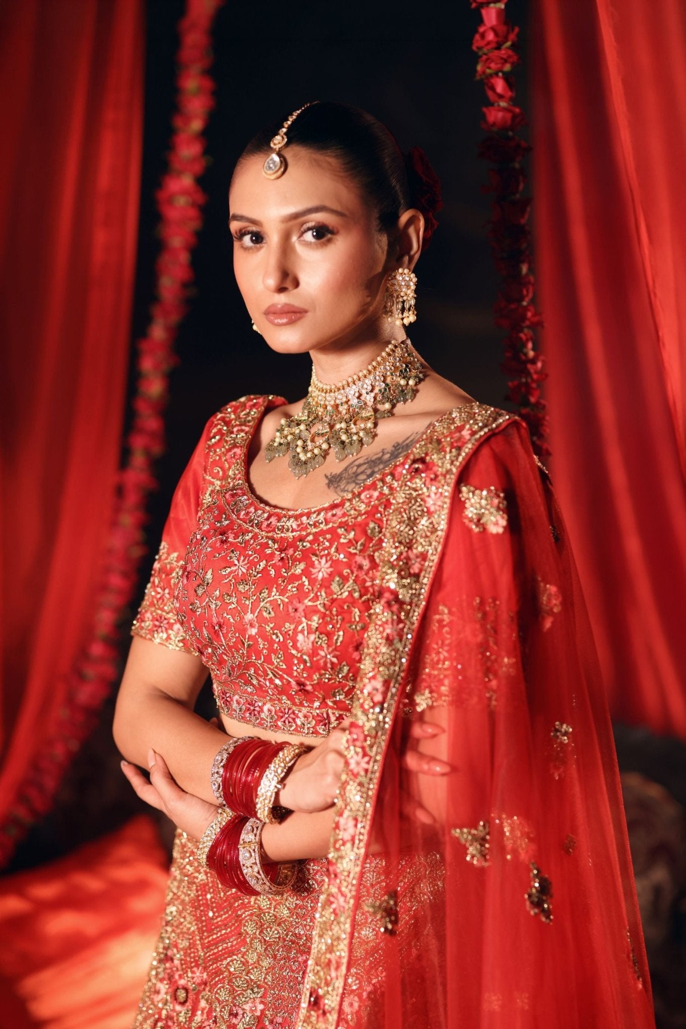 Bright Red Wedding Lehenga with Heavy Embroidered Work - Anvi Couture