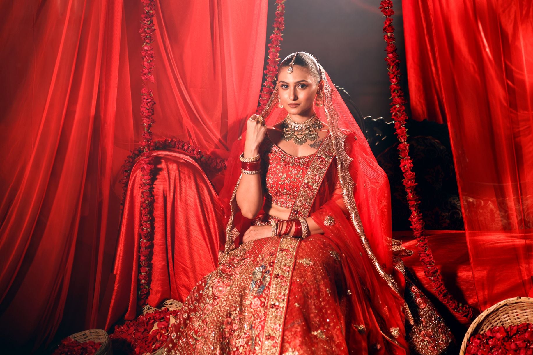 Bright Red Wedding Lehenga with Heavy Embroidered Work - Anvi Couture
