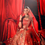 Bright Red Wedding Lehenga with Heavy Embroidered Work - Anvi Couture