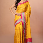Bright Yellow Silk Saree with Pink and Gyey Border - Anvi Couture