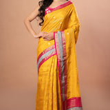 Bright Yellow Silk Saree with Pink and Gyey Border - Anvi Couture