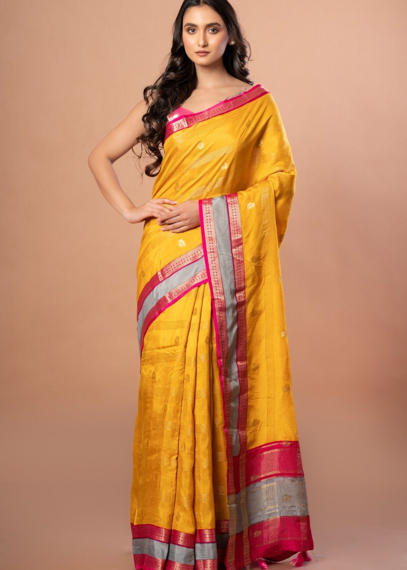 Bright Yellow Silk Saree with Pink and Gyey Border - Anvi Couture