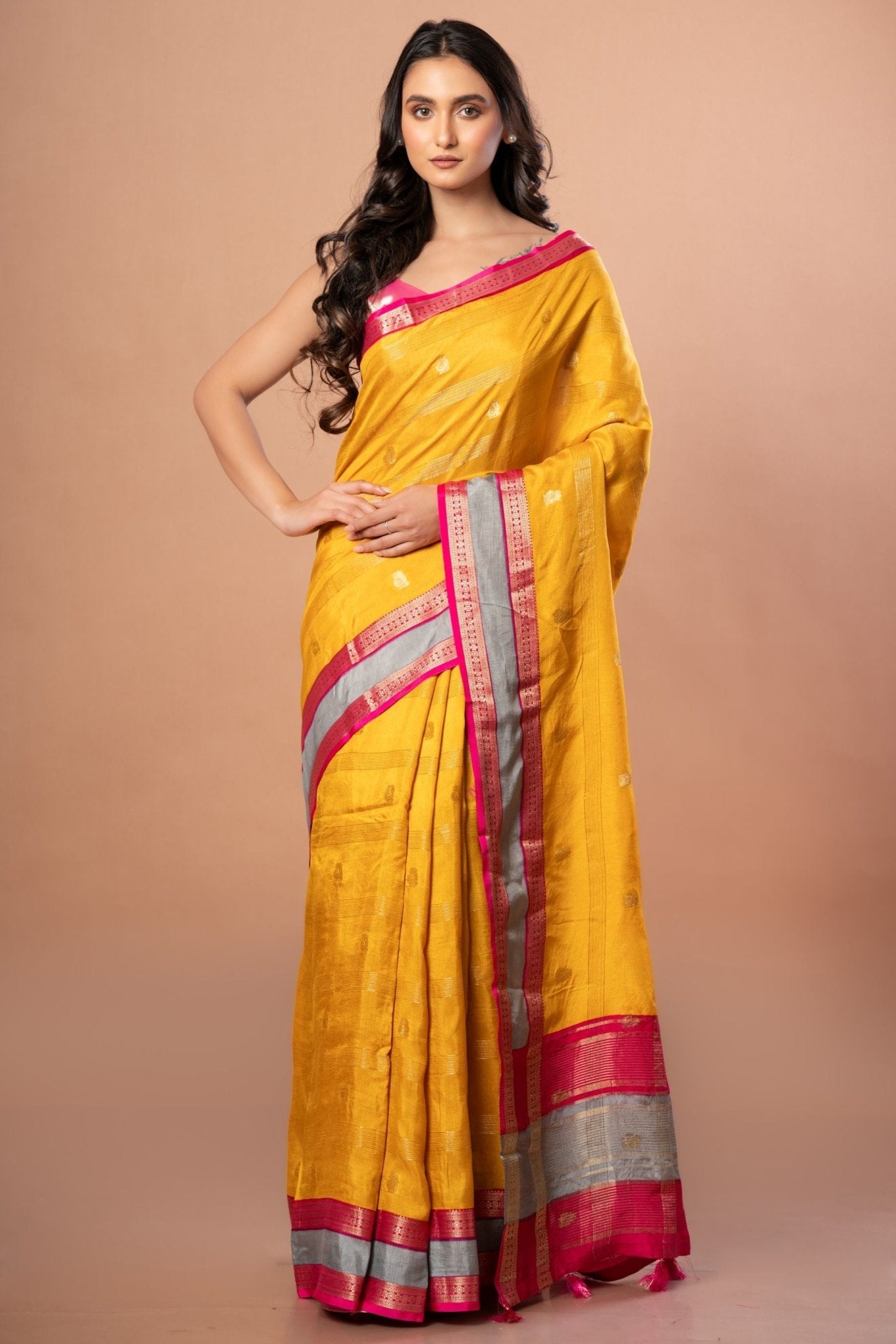 Bright Yellow Silk Saree with Pink and Gyey Border - Anvi Couture