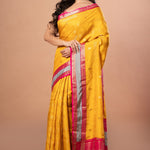 Bright Yellow Silk Saree with Pink and Gyey Border - Anvi Couture