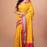 Bright Yellow Silk Saree with Pink and Gyey Border - Anvi Couture