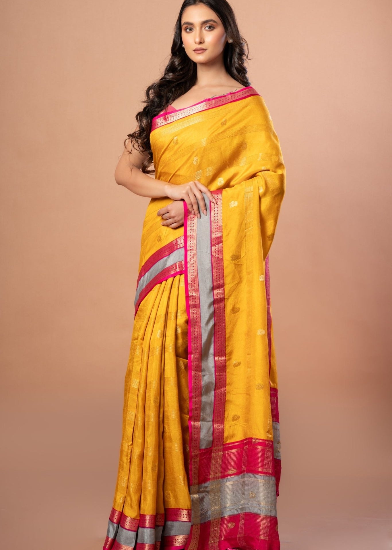 Bright Yellow Silk Saree with Pink and Gyey Border - Anvi Couture