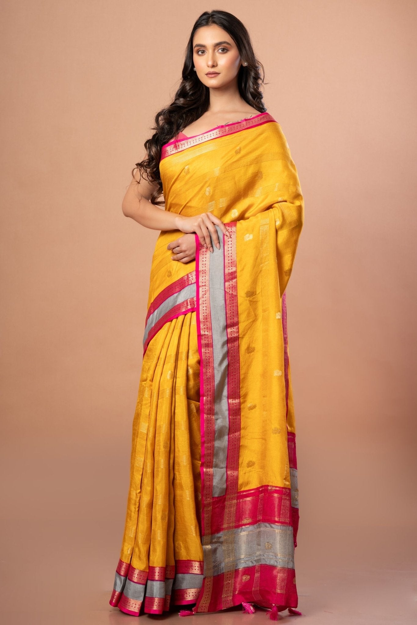 Bright Yellow Silk Saree with Pink and Gyey Border - Anvi Couture