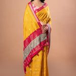 Bright Yellow Silk Saree with Pink and Gyey Border - Anvi Couture