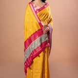 Bright Yellow Silk Saree with Pink and Gyey Border - Anvi Couture